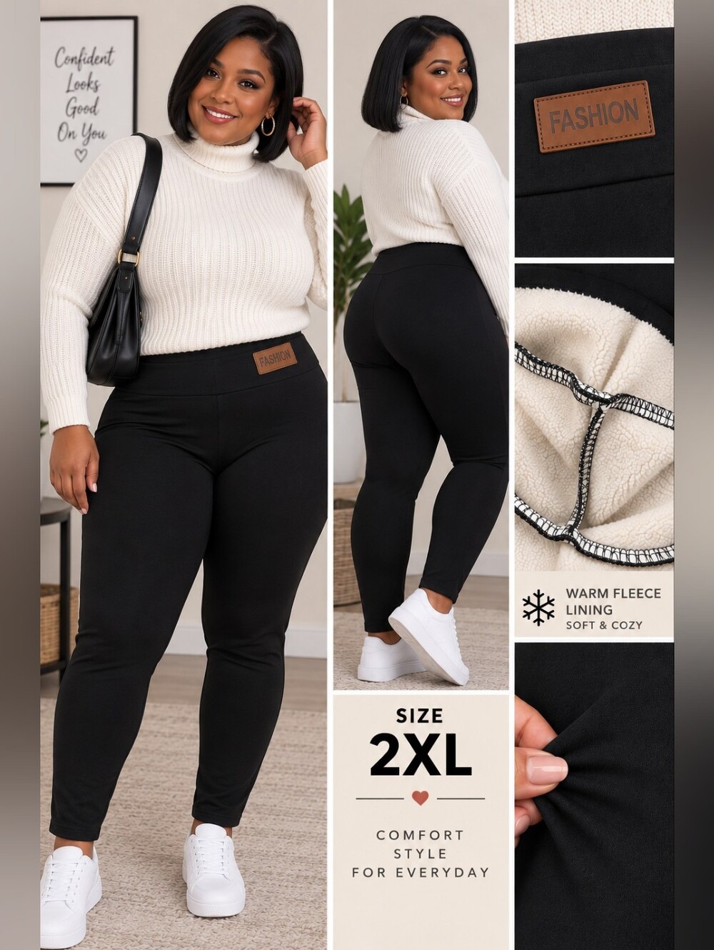 FASHION Fleece-Lined Leggings – Black – Size 2XL